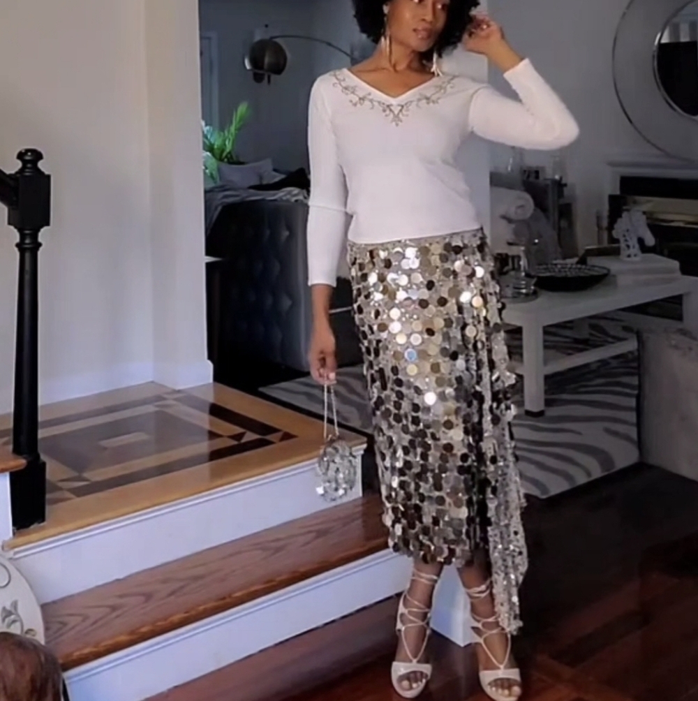 Elegant Gold Sequin Maxi Skirt With Asymmetrical Hemline